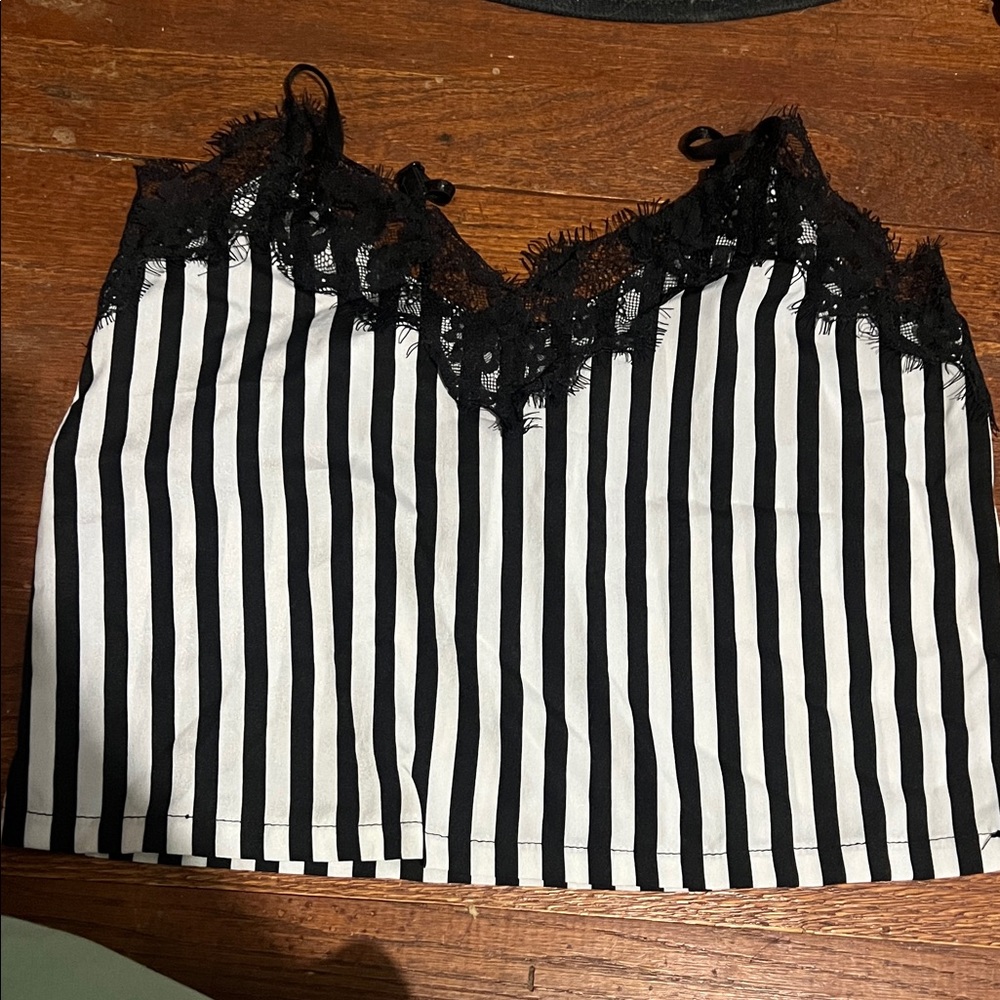 Black and White Striped Lace Trim Cami